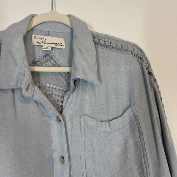 Vintage Havana Crochet Detail Tunic Button Up Top Blouse Shirt Blue Boho Medium - Picture 5 of 14